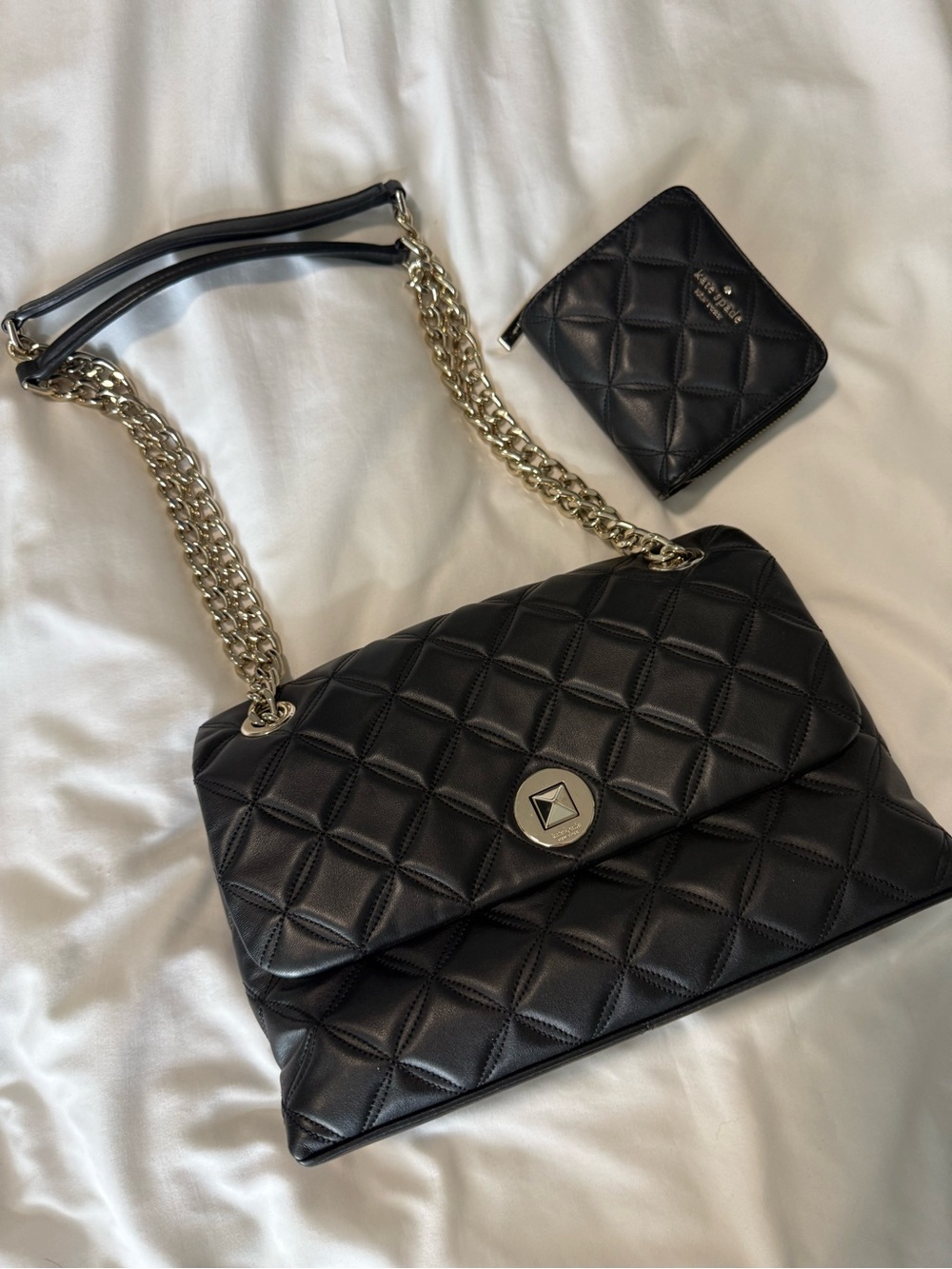 Kate Spade Black Quilted Chain-Handle Shoulder Bag and matching Wallet